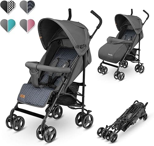 Lionelo ELIA Lightweight Stroller from 6 Months to 3 Years, Compact & Foldable Travel Pushchair with XXL Sunshade, 5-Point Safety Harness, Shock-Absorbent Wheels & Large Shopping Basket