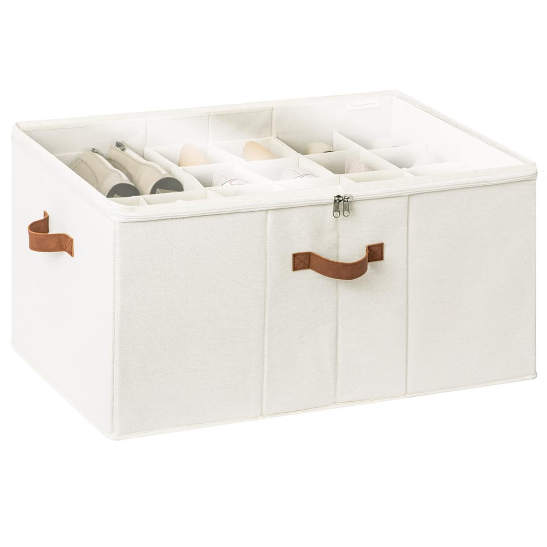 StorageWorks Shoe Organiser for Closet, Extra Large Shoe Storage Space Saving for up to 24 Pairs, Fabric Shoe Storage Box with Lid, Foldable Shoe Box for Sports Shoes, High Heels, Beige
