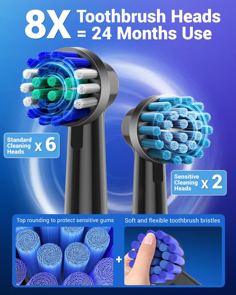 Rotating Electric Toothbrush with 8 Brush Heads (2 Types) for Adults and Kids, 60-Day Battery Life, Wireless Wall Charging Station, 5 Modes Power Toothbrush with Travel Case - 7