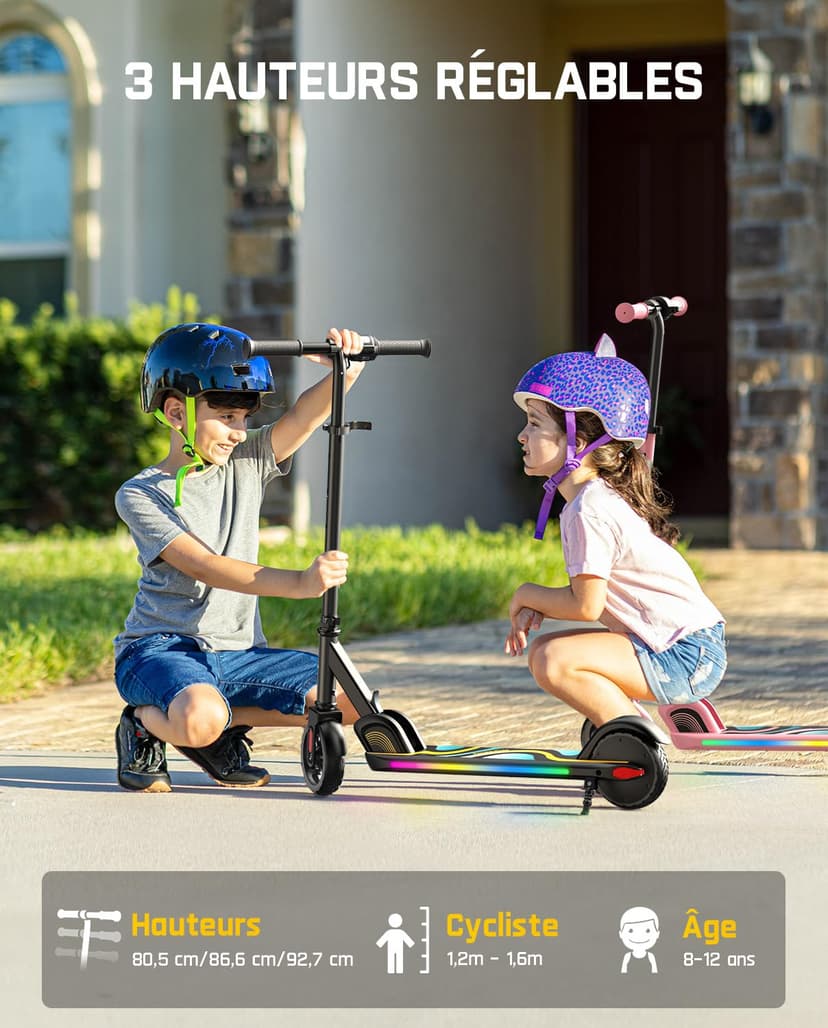 FanttikRide C9 Pro Trottinette Electrique Enfants 6-12 Ans, Lumières Arc-en-Ciel, Vitesses 8/13/16 km/h, Écran LED, Pliable, Hauteur Réglable, Autonomie 8 km, Seulement 6,4 kg, Noir - 4