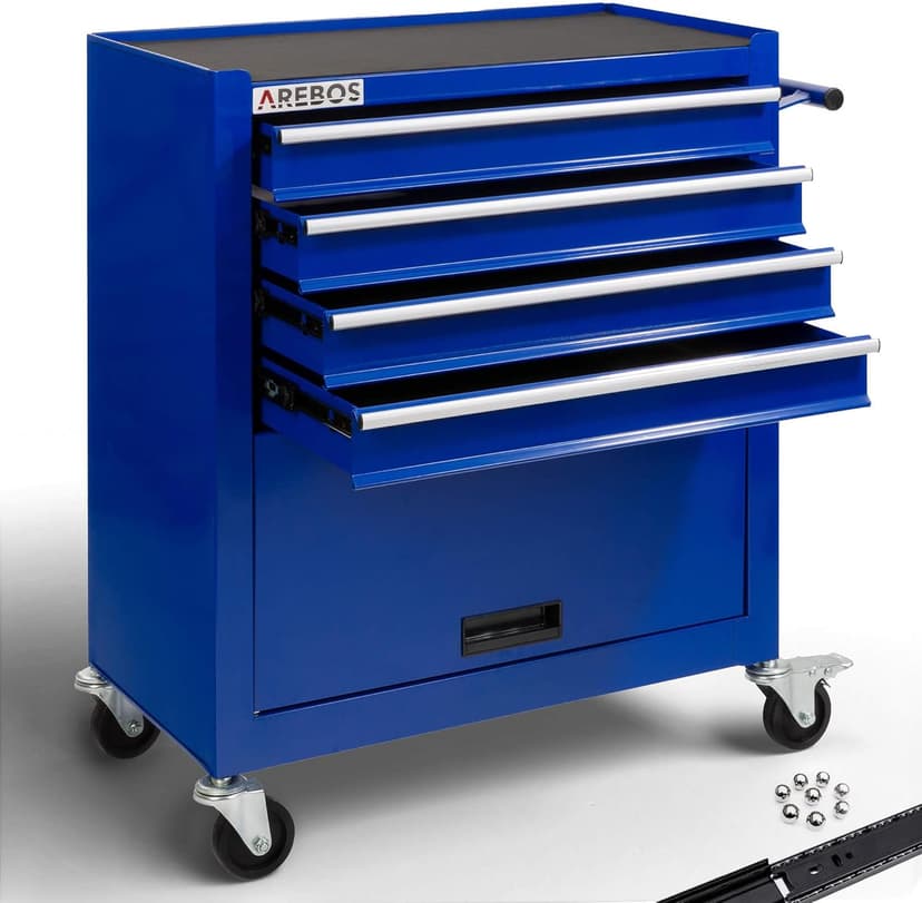 Arebos Tool cabinet cart workshop trolley on wheels portable | Black | 4 drawes + 1 compartment for tools | incl. anti-slip mats | drawers with ball bearings - 1