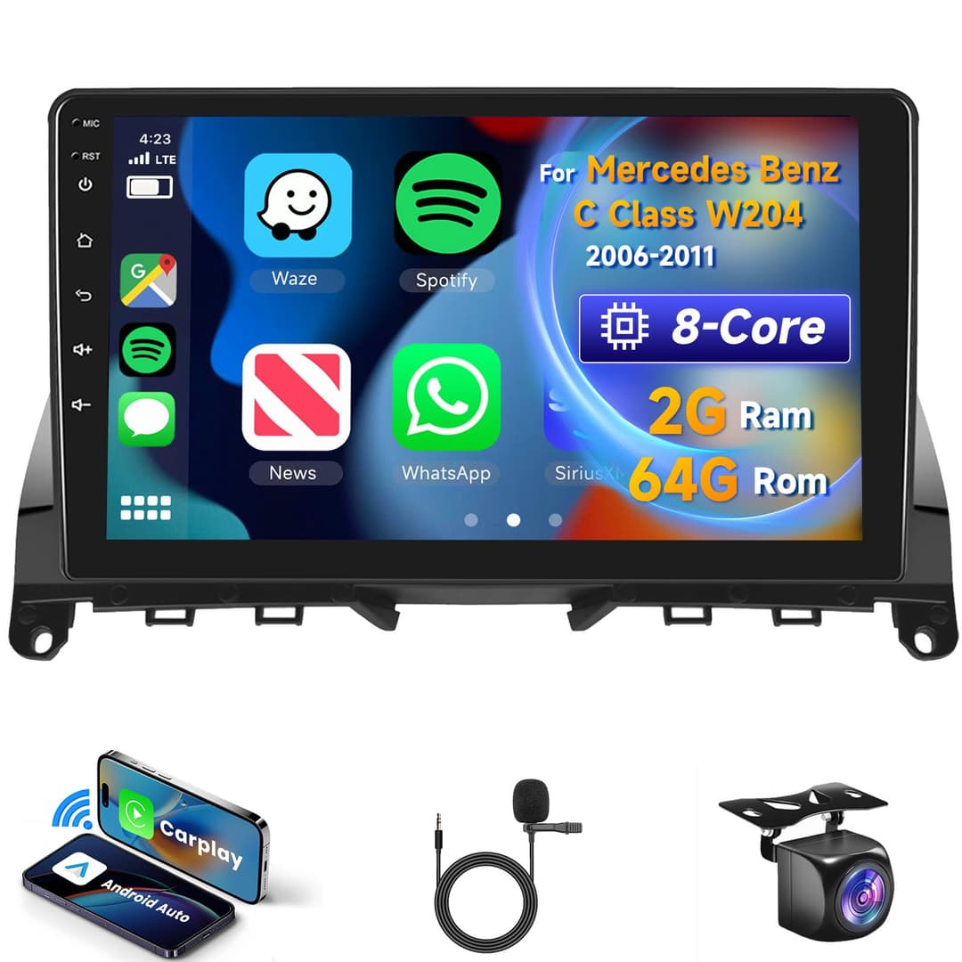 8 Core 2G+64G Autoradio Android 13 pour Mercedes Benz C Classe W204 S204 2006-2011, 9" 1280 * 720P HD écran Tactile IPS avec DSP Carplay Android Auto GPS Wi-FI Bluetooth FM RDS Radio Caméra