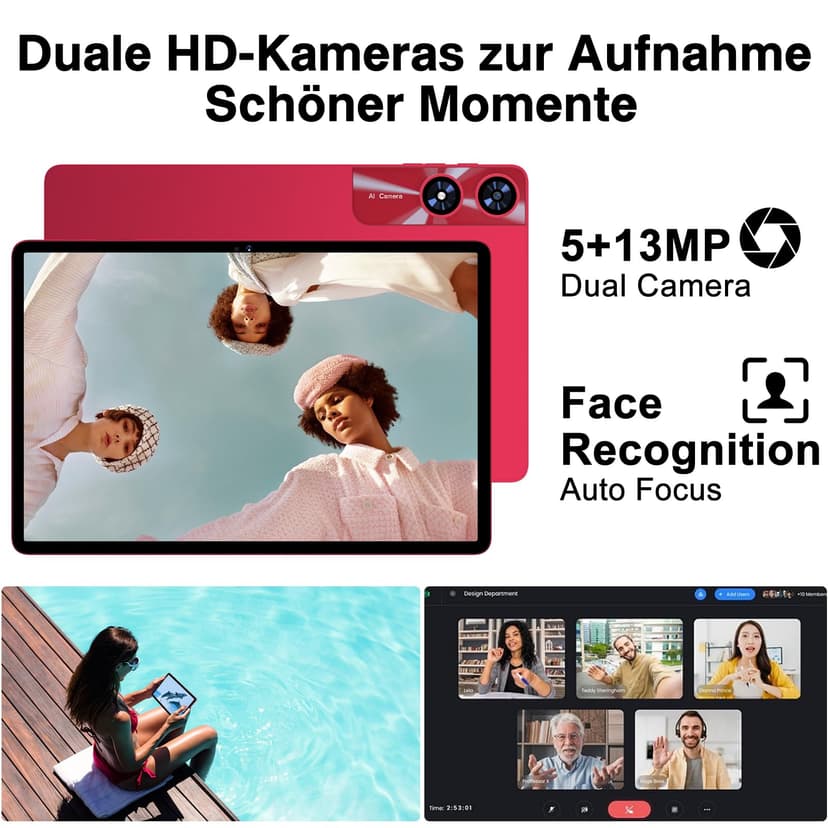 U7 11 Inch Android 14 Tablet with 24GB RAM, 256GB ROM, TF 1TB, Octa-Core 2.0 GHz, 5G WiFi, Bluetooth 5.0, Widevine L1, 5MP + 13MP, 8000mAh, Face Detection, GPS, Red - 6
