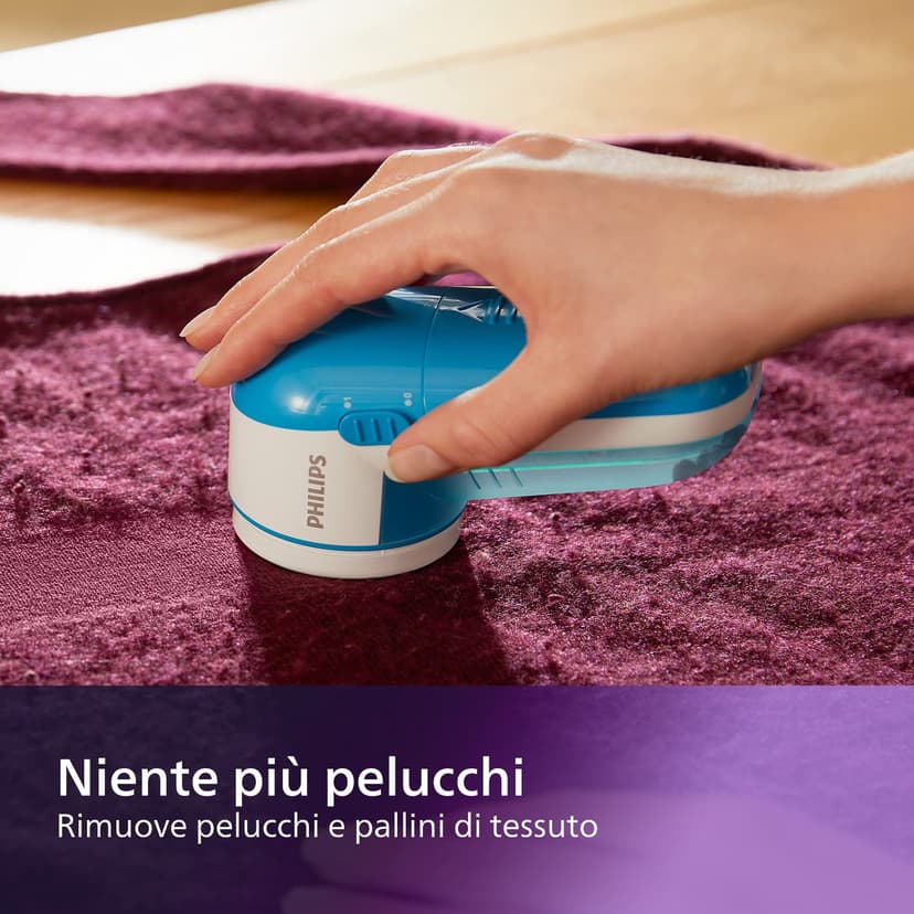 Philips Rasoir Anti Bouloche - Élimination Rapide des Peluches, rase bouloche de 8800 TR/Min, 3 Lames, pour Tous Tissus, bac Facile à Nettoyer, 2 Piles AA, Design Compact, Bleu/Blanc (GC026/00) - 4