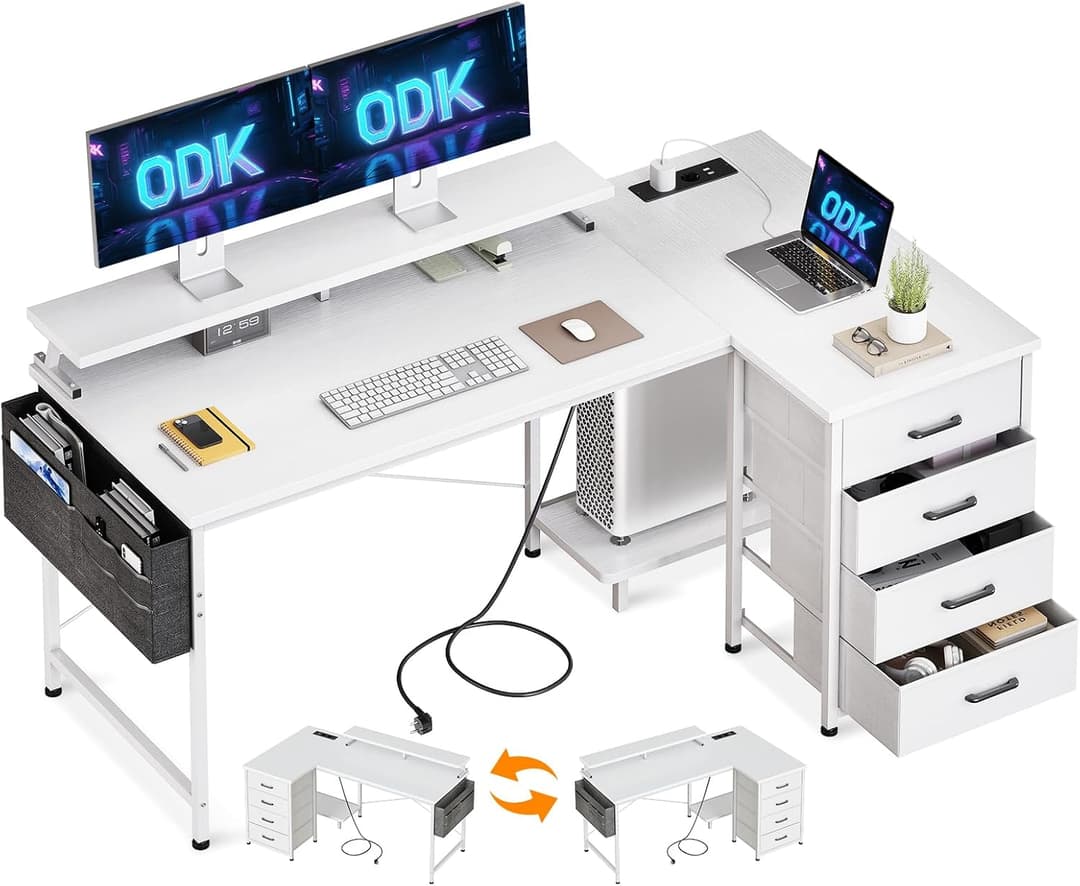 ODK Corner Desk with 4 Drawers, 140 x 80 cm L-Shaped Desk with USB Charging Socket and Power Outlet, Reversible Computer Table with Screen Stand for Bedroom Home Home, White