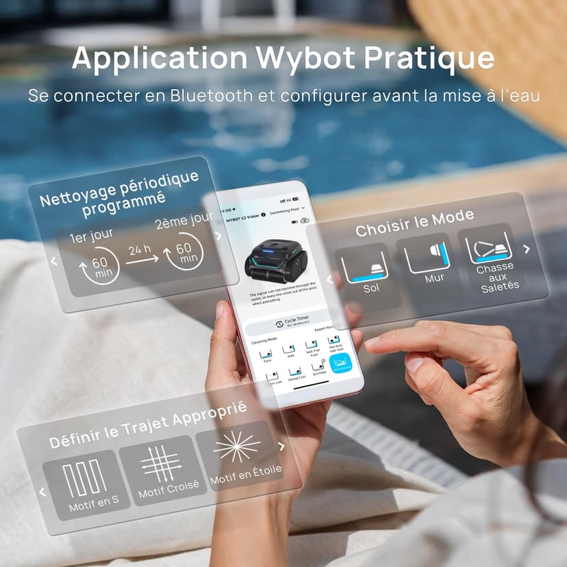 WYBOT (Nouveau Modèle) Robot Piscine sans Fil C2 Vision-A avec caméra IA, Filtration Ultra-Fine, Forte Aspiration, Nettoyage Fond/parois & Ligne d’Eau, Navigation Intelligente – NoirVertProfond - 8