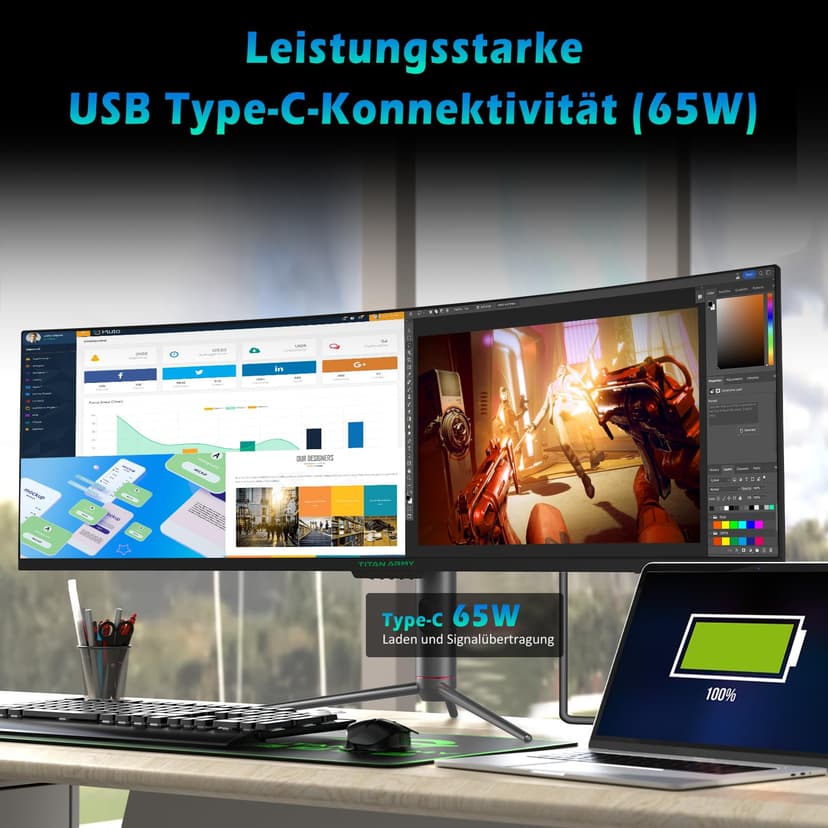 TITAN ARMY 49 Inch Curved Gaming Screen 144Hz, DFHD 3840 x 1080, Ultrawide 1800R VA Gaming Screen, 32:9, HDR400, G-Sync & FreeSync, 99% sRGB, USB Type-C 65W, Height Adjustable, HDMI, DP, C49SHC - 7