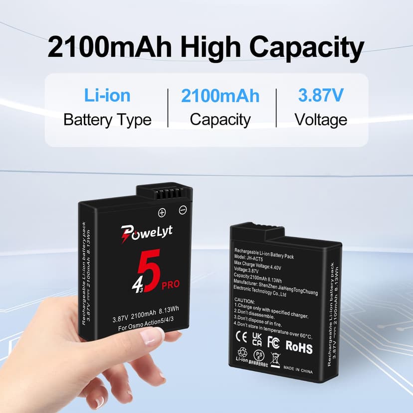 PoweLyt Osmo 360/Action 6/5 Pro/4/3 Battery 2 Packs 3.87V 2100mAh Osmo Action 5 Pro Batteries and 3 Channels Charging Station Compatible with DJI Osmo Action 6/Action 5 Pro/Action 4/Action 3,Osmo 360 - 3