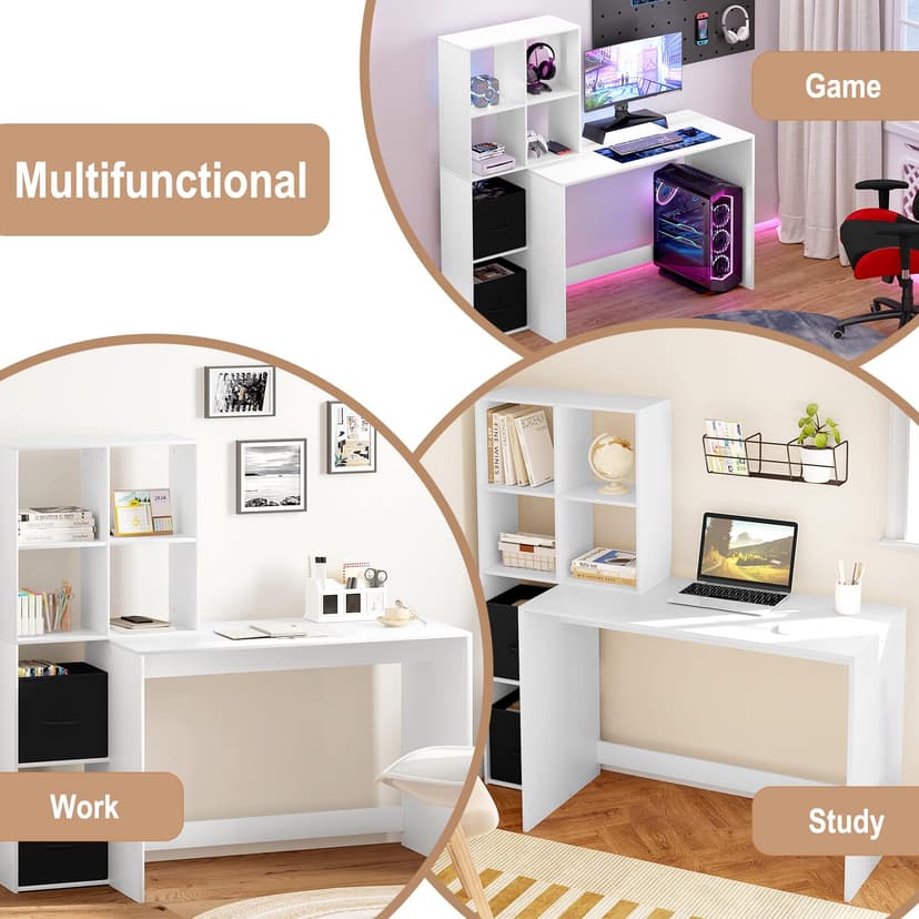 WOLTU Desk with Bookcase, Office Desk, Bookcase with 6 Open Compartments and 2 TNT Boxes, Computer Desk, Study, Bedroom, 140.5 x 50 x 134 cm, Wood, White, TS184ws - 5