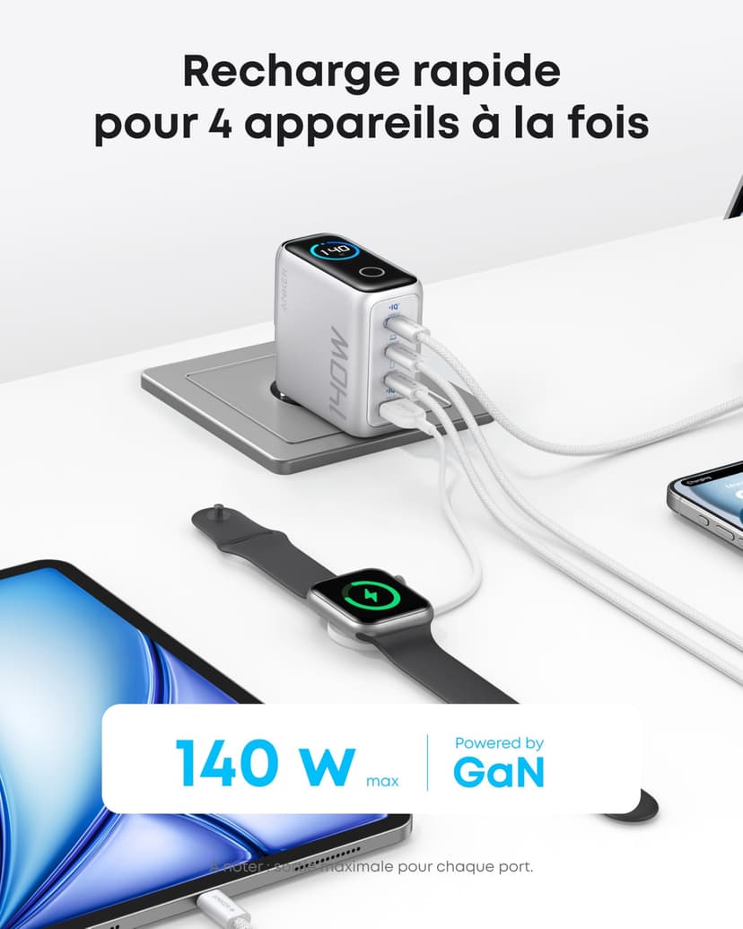 Anker Chargeur USB C 140 W, Adaptateur 4 Ports Rapide et Compact, Technologie GaN, Contrôles Tactiles Intuitifs, iPhone séries 17/16, Samsung, MacBook Air/Pro, Pixel, AirPods et Autres - 2