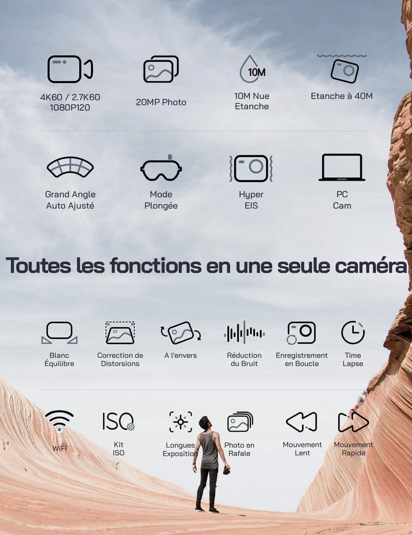 WOLFANG 4K 60FPS Caméra Sport GA400, 20MP WiFi 8M Corps Etanche Action Camera, 40M Sous-Marine Ultra HD 170 °Grand Angle, Sac à Main, EIS, Télécommande 2x1350mAhBatteries et Kit d'accessoires - 2