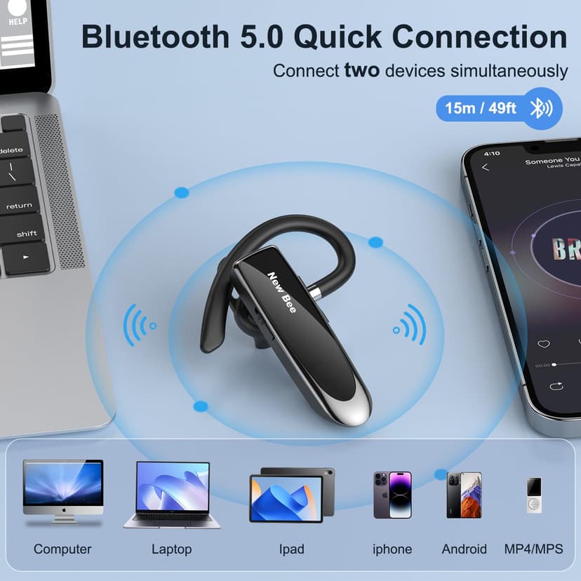 New Bee Main Libre Bluetooth Oreillette, Casque sans Fil Bluetooth avec Microphone 60 Jours en Veille Casque Mains Libres avec Microphone Casque pour iPhone Samsung, HTC, LG, Sony, PC (Noir) - 4