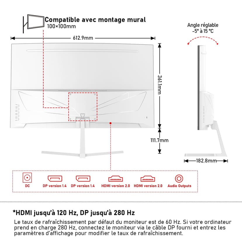 Gawfolk Écran PC 27 Pouces incurvé 280Hz Gaming Computer Moniteur, 1800R,1ms,FHD 1080p, 178 ° Grand Angle,Ultra - Mince Lunette, HDMI、DisplayPort,Compatible avec Montage Mural 100 * 100mm- Blanc - 6