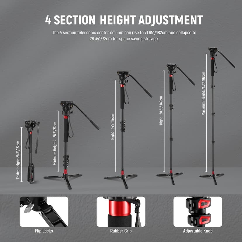 NEEWER 71.6 Inch Pro Camera Monopod Telescopic Carbon Fiber Monopod with Quick Release Plate Compatible with DJI RS Gimbals, Removable Base for Camera Camcorder, Maximum Load 6kg, TP71 - 4