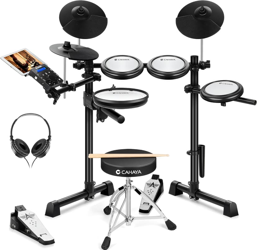 CAHAYA E-Drum Set with Mesh Heads: Dual Trigger Pads and 350 Sounds - Electronic Drum Kit with Large 8 Inch Snare Pad, Complete Set with Drum Stool, Headphones, Sticks - for Beginners Children - 1