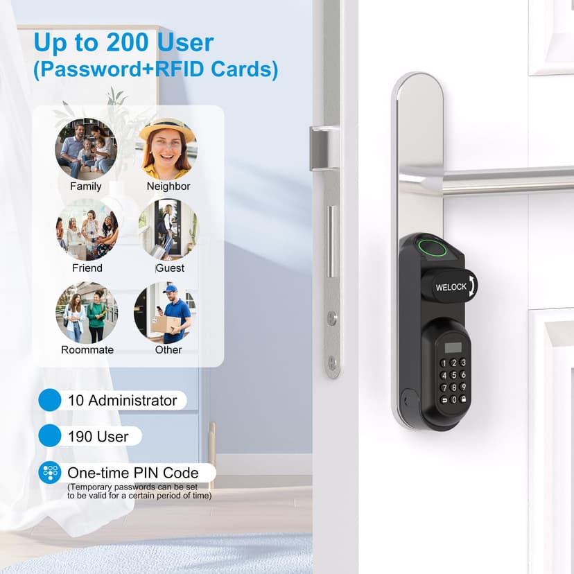 WELOCK U81 Smart Lock,Serrure Connectée,Serrure Empreinte Digitale avec Mot de Passe,RFID Carte,APP,serrure à code WiFi(Besoin wifibox),Cylindre Connecté 30/30 pour porte de 50-90mm,Facile à installer - 3
