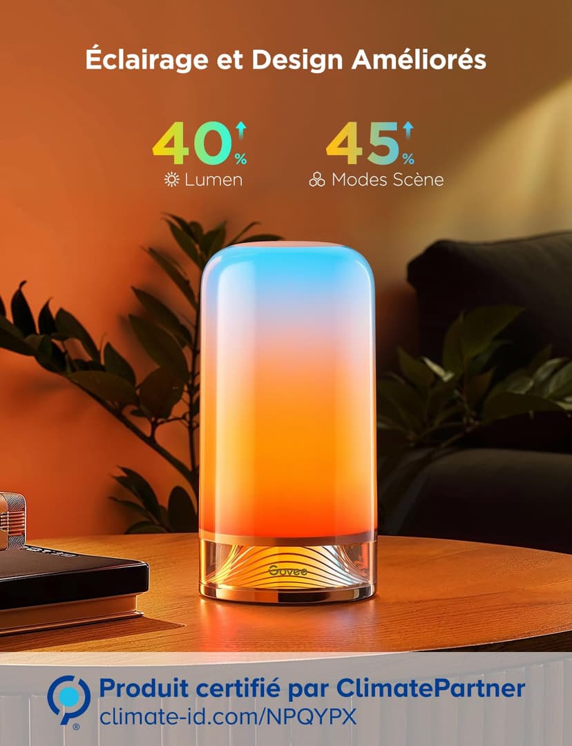 Govee Lampe de Chevet LED, Lampe de Table Tactile Dimmable RGBICWW avec 70 Modes Scène, Compatible avec Alexa, Fonctionne avec Matter, 2700-6500k, 500 Lumens, pour Salon et Chambre (Filaire) - 7