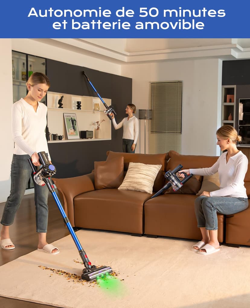 Cordless Vacuum Cleaner 50 Mins/40 KPA/450 W, Battery Vacuum Cleaner with Geen LED, Wireless Vacuum Cleaner with Upgraded Floor Brush, Vacuum Cleaner Battery for Pet Hair, Blue - 3