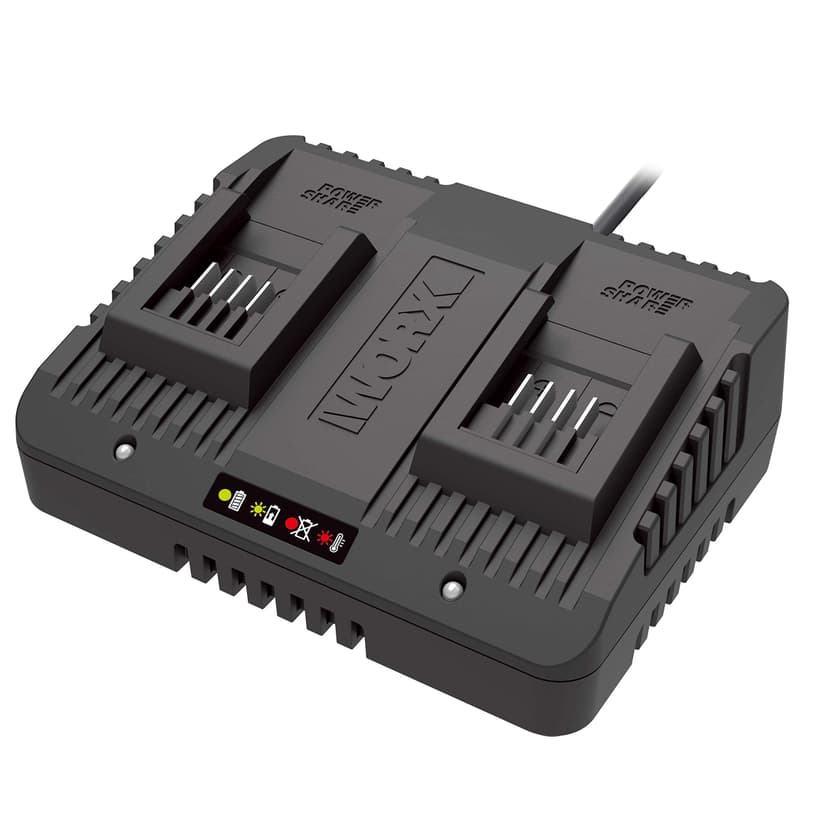 WORX Chargeur Double 20V 2A WA3772, Chargez Simultanément 2 Batteries, 2 Modes de Charge, Compatible Avec Toutes les Batteries Worx Powershare - 1