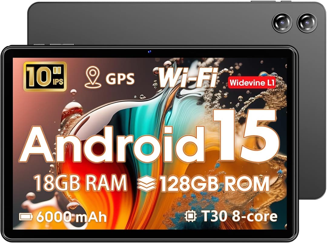 Hasskya Tablet Android 15, 10 Inch Tablets,18GB+128GB, 1TB Expand,Widevine L1 Compatible Octa-Core Tablet with WiFi 5, BT5.2, 6000mAh, T30 CPU, GPS, High Performance,Processor, Dual Camera