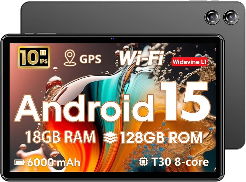 2026 Tablette 10 Pouces Android 15 avec 18 Go RAM+128 Go ROM (Extensible 1024 GO), Tablette Tactile avec 5G+2.4G WiFi/Octa-Core 2.0Ghz/6000mAh/GMS/GPS/Widevine L1/BT5.0/Double Caméra 5 Mpx+8 Mpx - 1