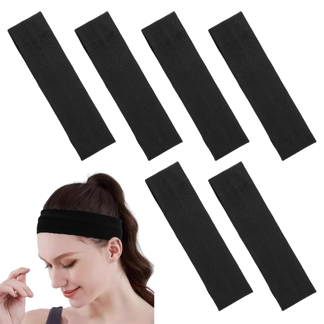 6 Black Elastic Sports Headbands, Sweat Absorbent Yoga He…