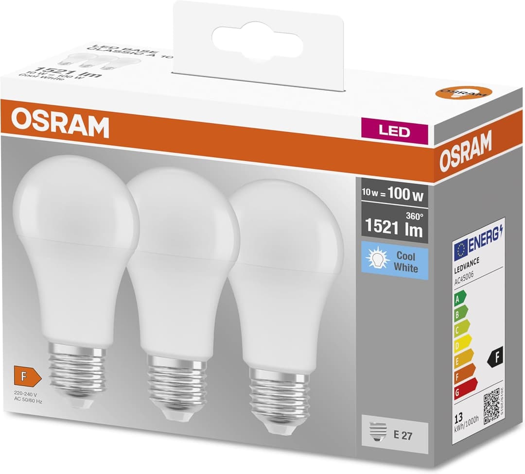 Osram Bulb Shape Base Classic A LED Lamp, Plastic, Cool White, E27, 14 W, Set of 3