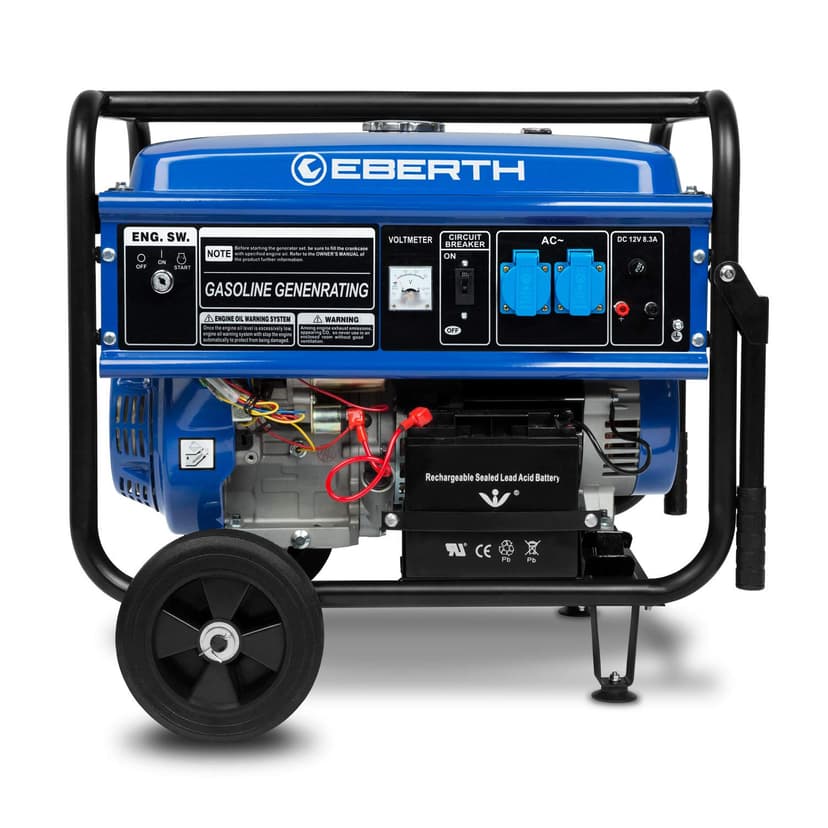 EBERTH 5500 Watt Groupe électrogène Générateur électrique portable moteur à essence 13 CV, 4 temps, 2x 230V, 1x 12V, monophasé, démarrage électrique, régulateur AVR, sécurité niveau d'huile avec roues - 3