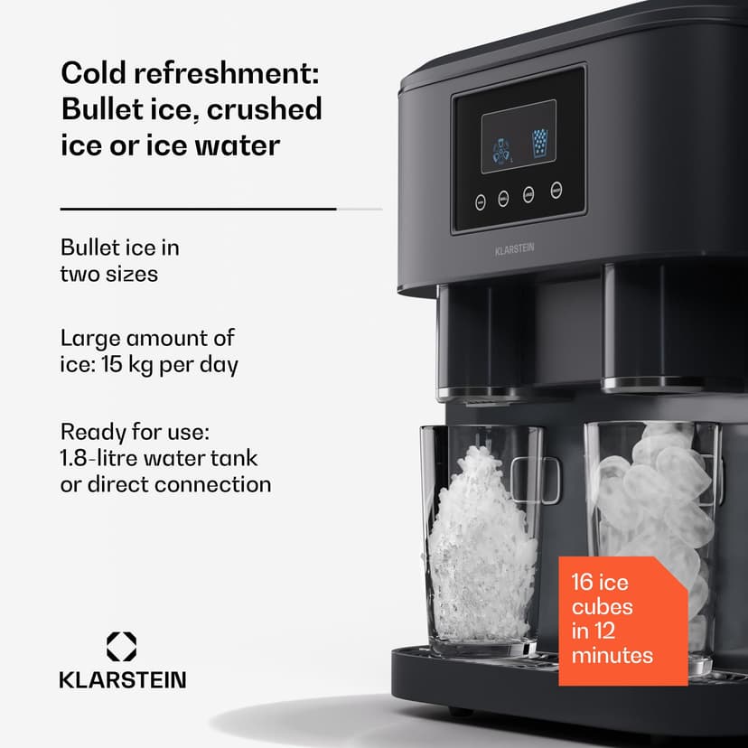 Klarstein 1.8L Small Ice Maker Machine, Counter Top Ice Machine For Home and Kitchen, Fast Operation, 15 kg of Crushed and Bullet Ice, Touch Controls, Easy To Clean Countertop Ice Cube Maker Machine - 2