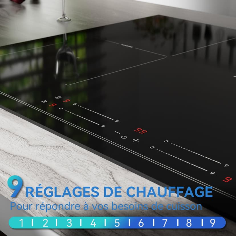 Hermitlux Induction Hob with 4 Recessed Burns, 77 cm, 7000 W, Flex Zone, 9 Power Levels, Booster Function, Timer, Child Lock - 5