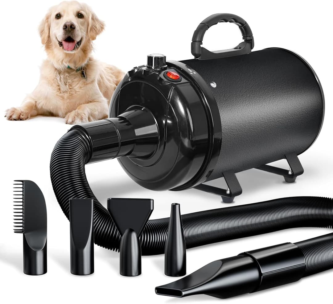 Dog Dryer Blower, Very Quiet, 3000W, Adjustable Speed, Dog Grooming Dryer Blower with 4 Different Nozzles and Flexible Hose