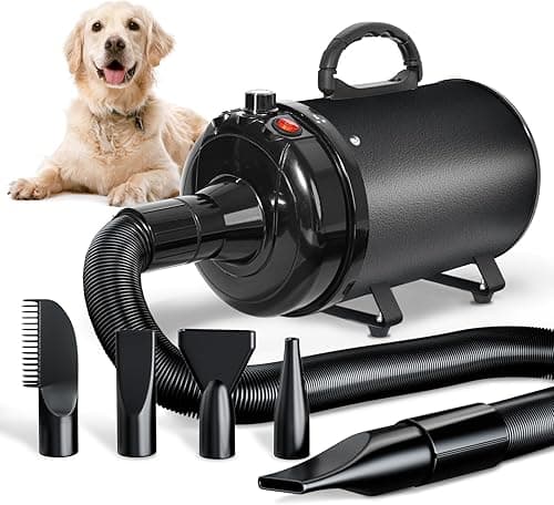 Dog Dryer Blower, Very Quiet, 3000W, Adjustable Speed, Dog Grooming Dryer Blower with 4 Different Nozzles and Flexible Hose