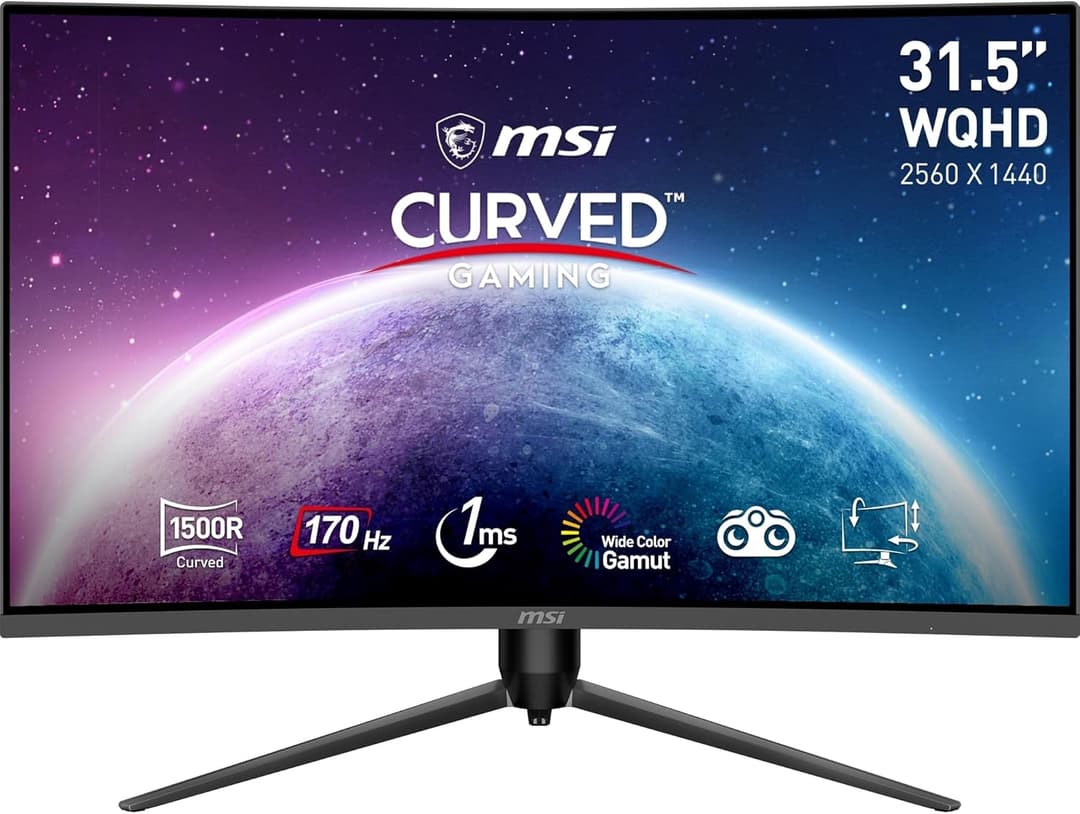 MSI G32CQ5P 31.5 inch WQHD Curved Gaming Monitor - 1500R 2560 x 1440 VA Panel, 170Hz / 1ms, Adaptive Sync, 3-Way Adjustable - DP 1.2a, HDMI 2.0b CEC