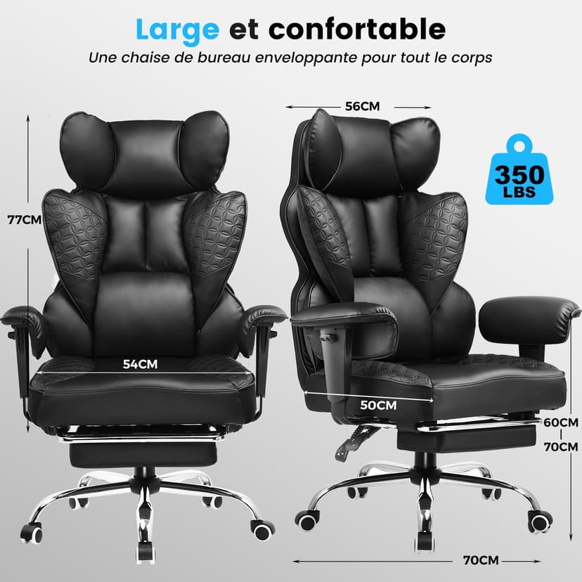 COMHOMA Gaming Chair, Ergonomic Office Chair with Adjustable Armrests, Sprung Lumbar Support for Big and Tall People, 330lbs Wide Seating, Black - 3