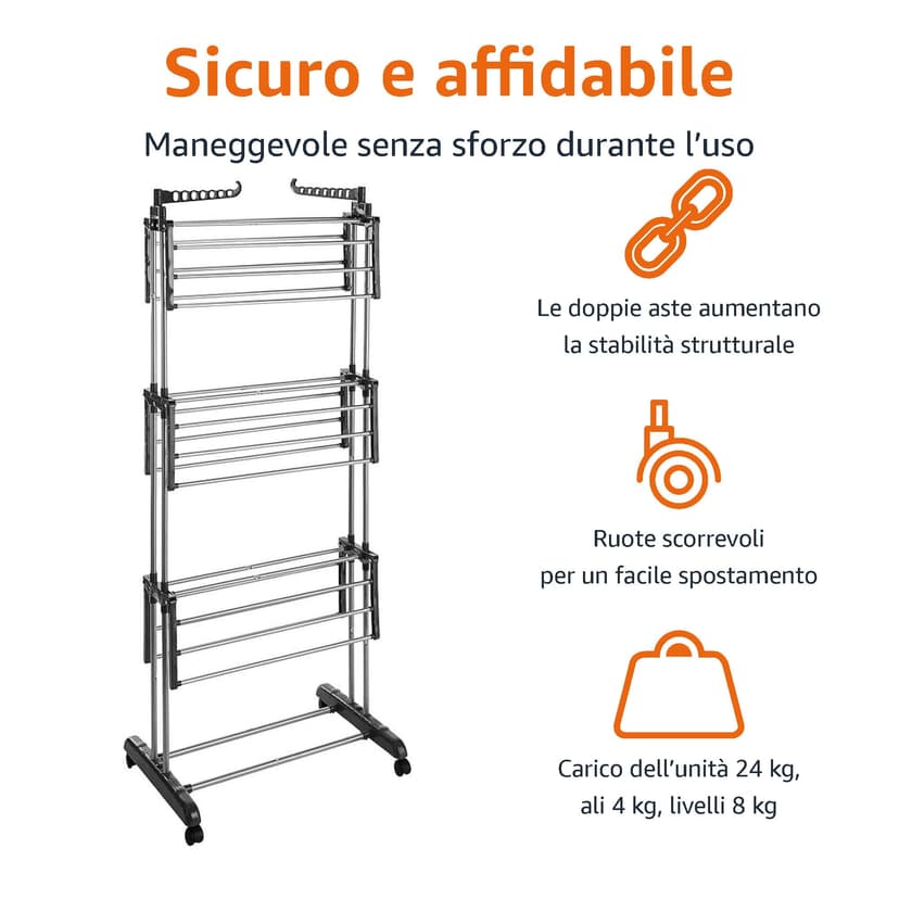 Amazon Basics Séchoir à Linge Intérieur, à Ailes Pliables, à 4 Niveaux, 72,9 à 126 x 64 x 173 cm (L x L x H), Argenté, pour Vêtements - 2