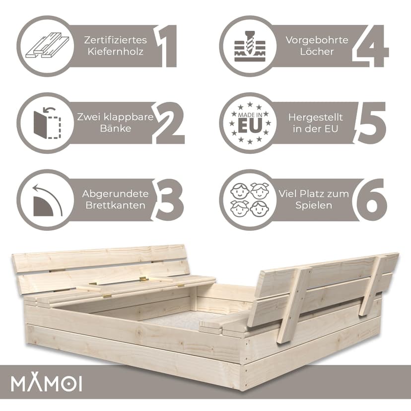MAMOI® Bac a Sable avec Bache | Bac a Sable en Bois avec Couvercle, Enfant | (Naturel) - 3