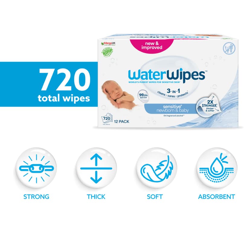 WaterWipes Sensitive+ Newborn & Baby Wipes, 720 Count (12 Packs), 3-In-1 Cleans, Cares, Protects, 99.9% Water, Unscented - 2