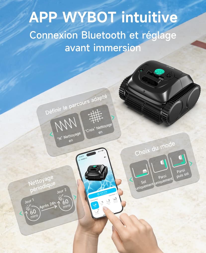 WYBOT C1 Robot Piscine Fond et Parois 150 Min Aspirateur Piscine avec Planification Intelligente des itinéraires, Nettoyage entièrement Automatique du Sol, 150m² Nettoyage Rapide(Vert Noir) - 7