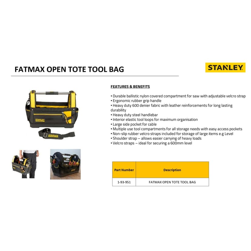 STANLEY FATMAX Open Tote Tool Bag, 18 inch, 48 x 25 x 35cm, Black, 1-93-951 - 4