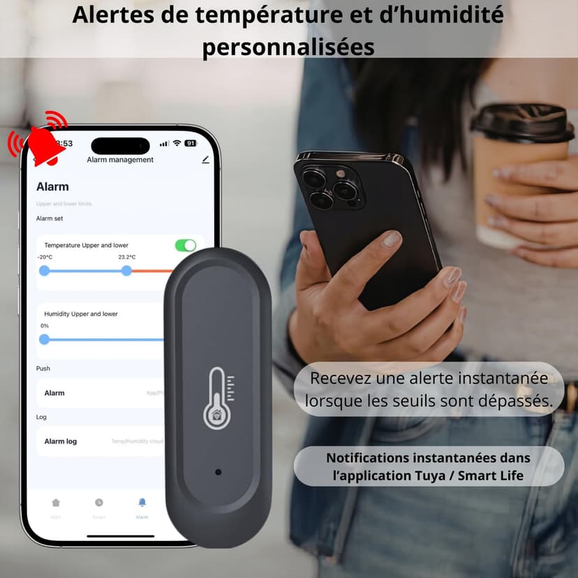 Sone Smart One Capteur Température Humidité WiFi 2.4GHz IP65 Extérieur Intérieur Noir - Thermomètre Hygromètre Connecté Tuya Smart Life - Sans Passerelle - Piles Non Incluses - 6