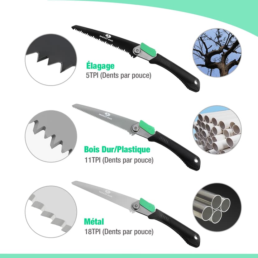 Mossy Oak Pruning Saw, Folding Hand Saw with Secure Lock, 3 Blades Made of Cr-V and 65Mn, for Wood, Bone, PVC, Tree Pruning, Camping, Hunting, Non-Ferrous Metal, Solid TPR Soft Grip and Portable Pouch - 4