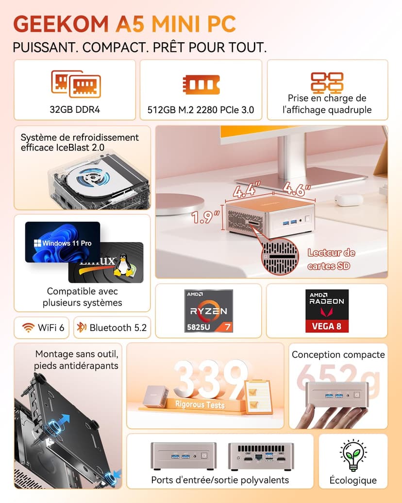 GEEKOM A5 Mini PC avec AMD Ryzen 7 5825U(jusqu'à 4,5 GHz), Graphiques Vega 8, 32Go DDR4 RAM, 512Go SSD, Lecteur SD, Muet Compatible 4 écrans 8K UHD, 2.5G LAN, 3ans d'assistance, Office Home - 2