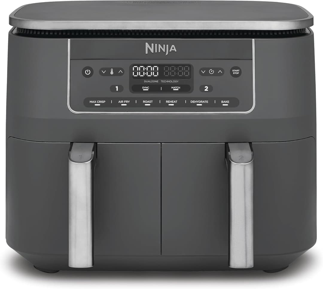 Ninja Dual Zone Digital Air Fryer, Two Drawers, 7.6L, 6-in-1, Does Not Use Oil, Air Frying, Max Crisp, Roasting, Baking, Warming, Drying, Non-stick, Baskets for Dishwasher, Gunmetal Grey DZ300EU