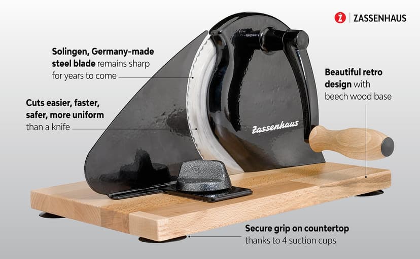 Zassenhaus Bread Slicer Manual Classic | Red | Solingen Blade Steel | Cutting Thicknesses 1-18 mm | Beech Wood Board and Crank | 30 × 25.5 × 19 cm - 3