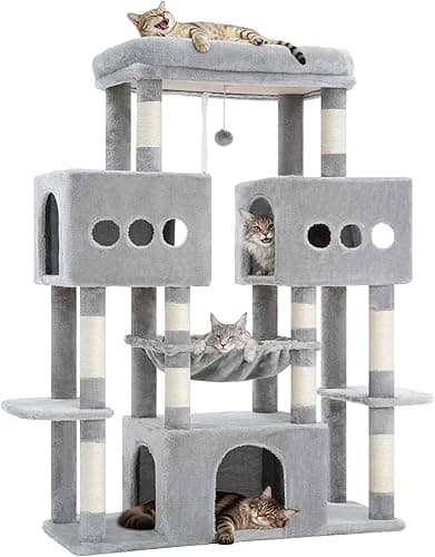 Hey-brother Arbre à Chat, Tour de Jeux Multiniveaux 144cm pour Maine Coon, avec 3 Grandes grottes, Plateformes spacieuses, Niche Confortable et Balle Peluche Suspendue, Gris Clair MPJ083W