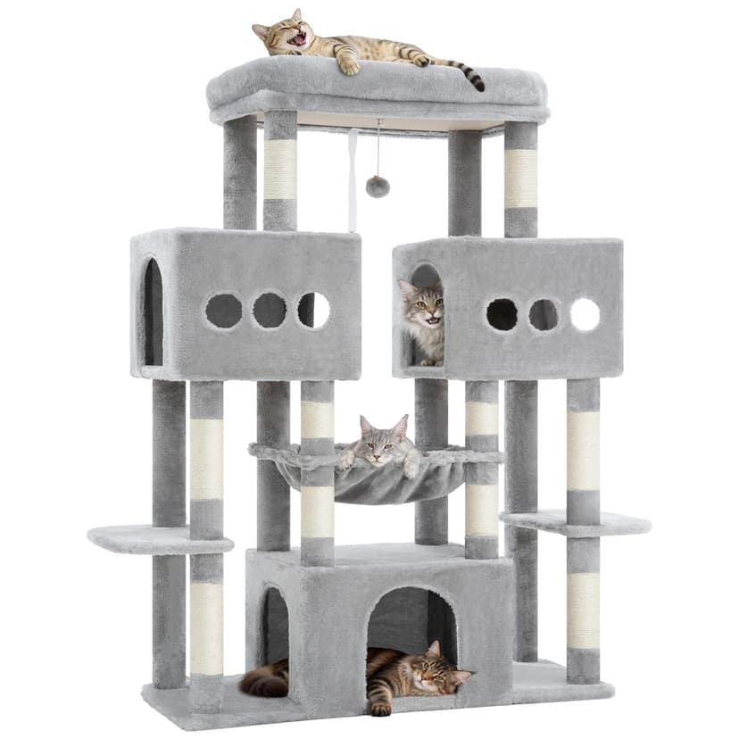 Hey-brother Arbre à Chat, Tour de Jeux Multiniveaux 144cm pour Maine Coon, avec 3 Grandes grottes, Plateformes spacieuses, Niche Confortable et Balle Peluche Suspendue, Gris Clair MPJ083W - 1