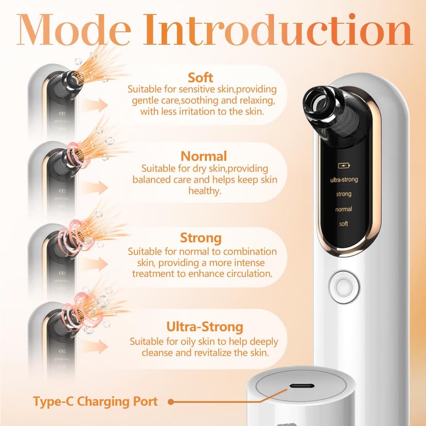 Yccu Aspirateur Point Noir Extracteur Points Noirs Visage Tire Comedon Points Noirs Anti Point Noir Nez Nettoyage des Pore Peau Soin Visage Blackhead Removal 4 Sondes et 4 Modes Rechargeable - 2