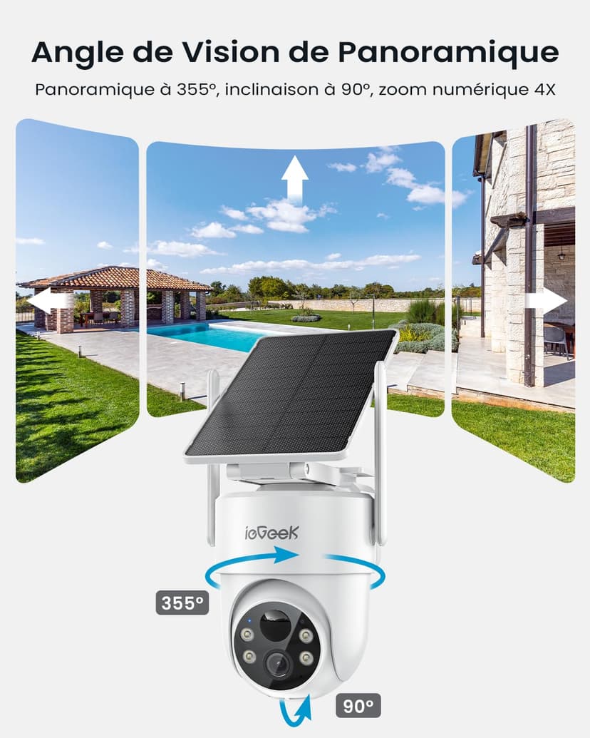 ieGeek 2K/3MP 360° PTZ Security Camera Outdoor Wireless with Removable Solar Panel,Continuous Power 2.4G WIFI CCTV Camera,PIR Motion Detection,Color Night Vision,APP Alert,IP65,Alexa Compatible - 3