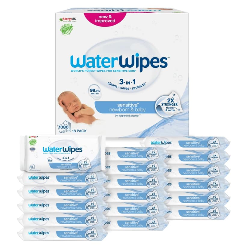 WaterWipes Sensitive+ Newborn & Baby Wipes, 1080 Count (18 Packs), 3-In-1 Cleans, Cares, Protects, 99.9% Water, Unscented - 1