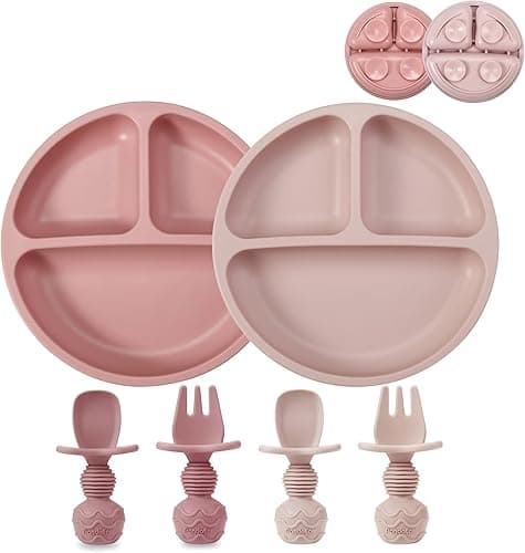 PandaEar 2 Pack Silicone Baby Suction Plates with 2 Spoons 2 Forks for Weaning Girls, Sectioned Divided Baby Weaning Plates, Toddler Dinner Plates Set for Toddlers Kids Childrens, BPA-Free, Pink